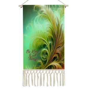 Fringed Canvas Wall Hanging, Green Feathery Fall Foliage Artwork, Inspirational Affirmation