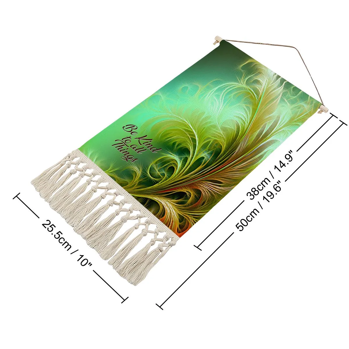Fringed Canvas Wall Hanging, Green Feathery Fall Foliage Artwork, Inspirational Affirmation