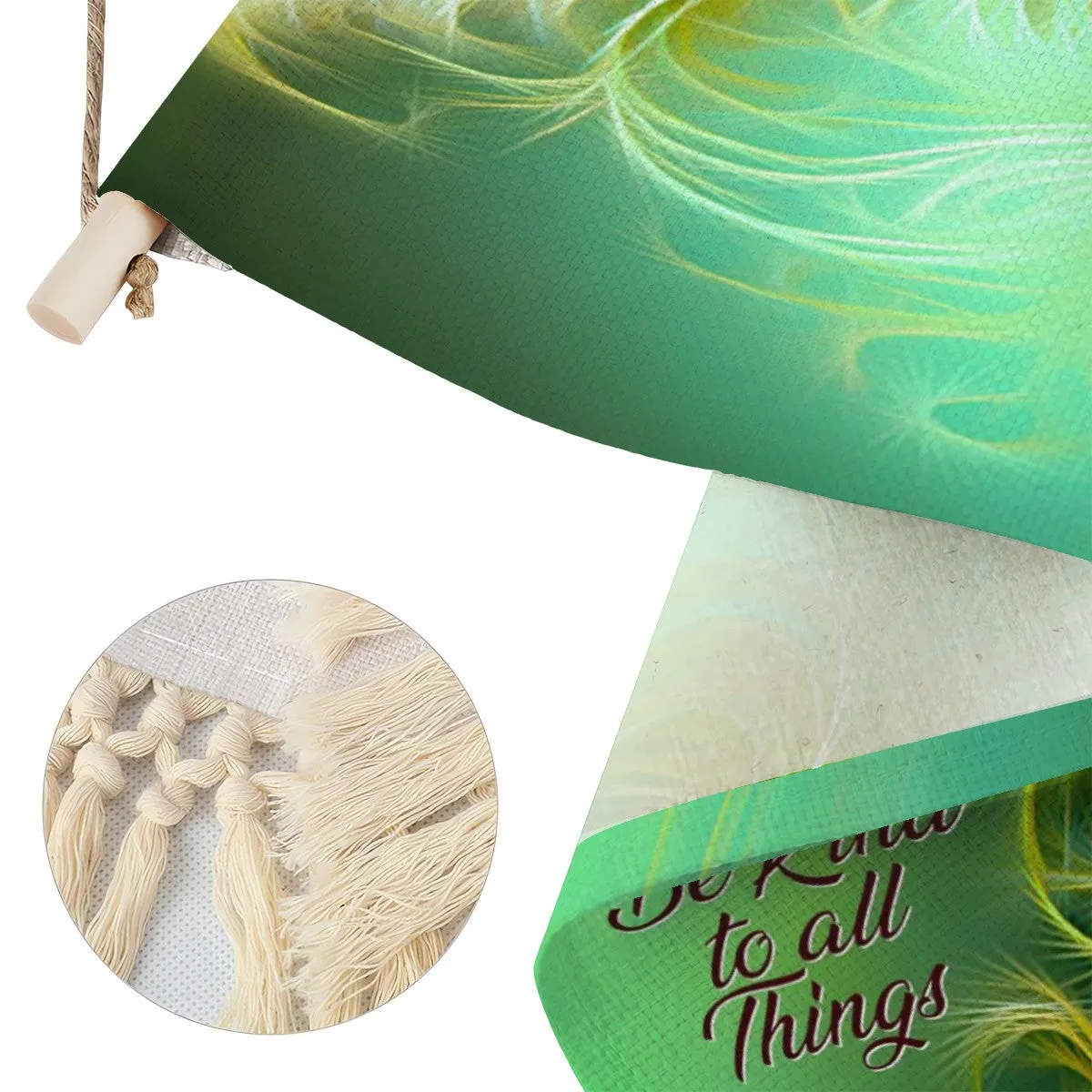 Fringed Canvas Wall Hanging, Green Feathery Fall Foliage Artwork, Inspirational Affirmation