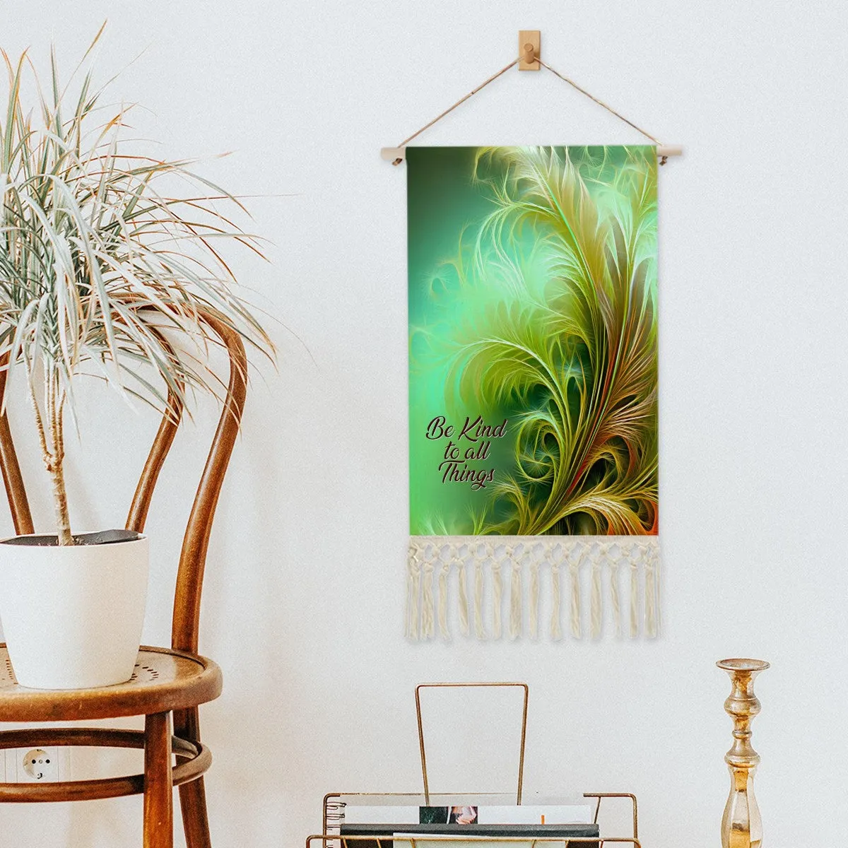 Fringed Canvas Wall Hanging, Green Feathery Fall Foliage Artwork, Inspirational Affirmation
