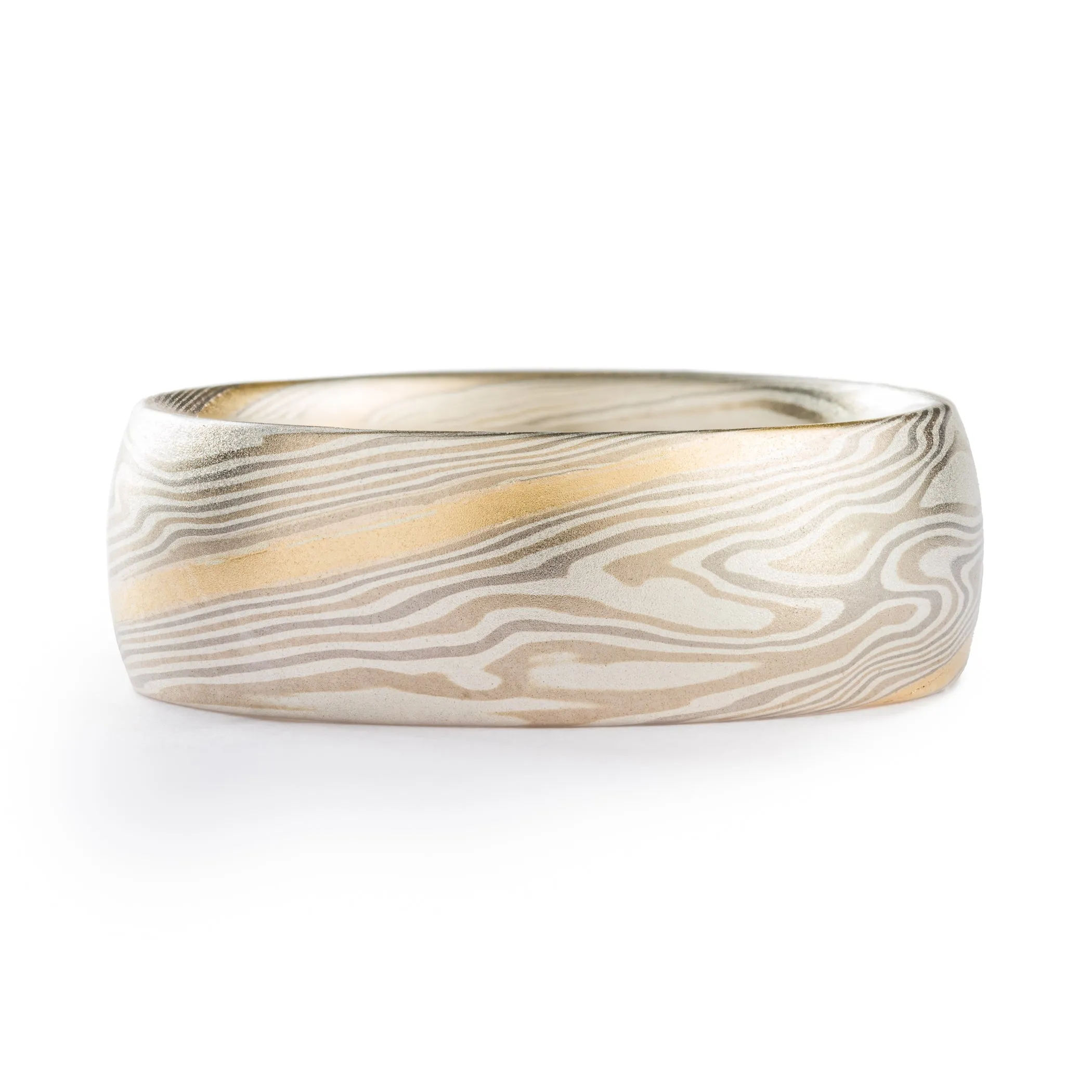 Hand Crafted Mokume Gane Wedding Band or Ring in Twist Pattern and Smoke Palette with Yellow Gold Stratum