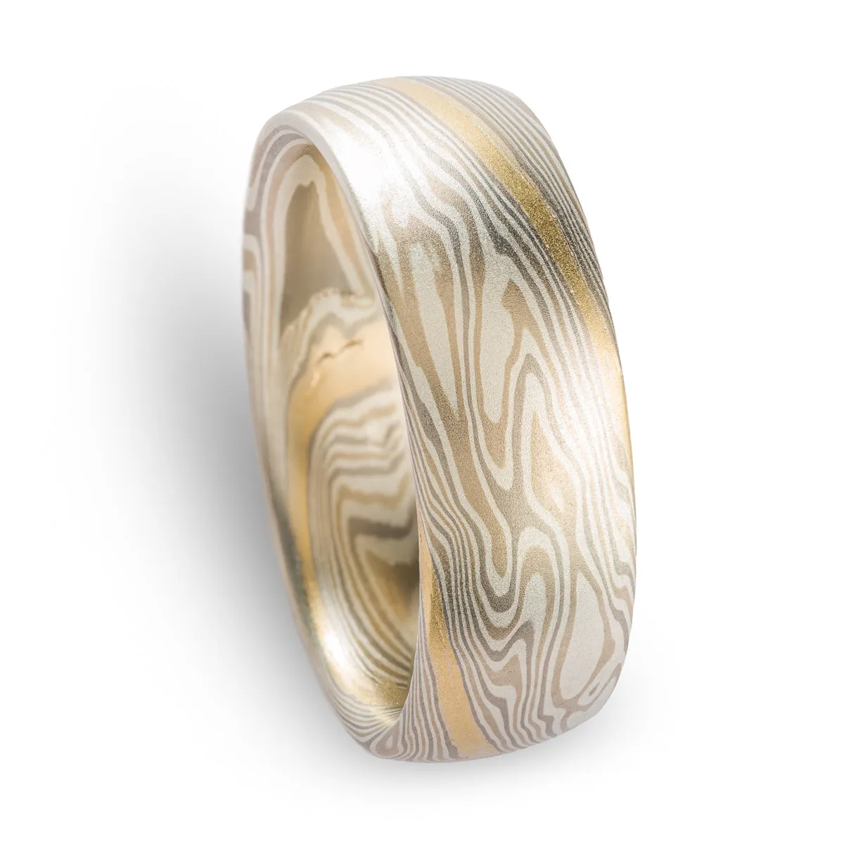 Hand Crafted Mokume Gane Wedding Band or Ring in Twist Pattern and Smoke Palette with Yellow Gold Stratum