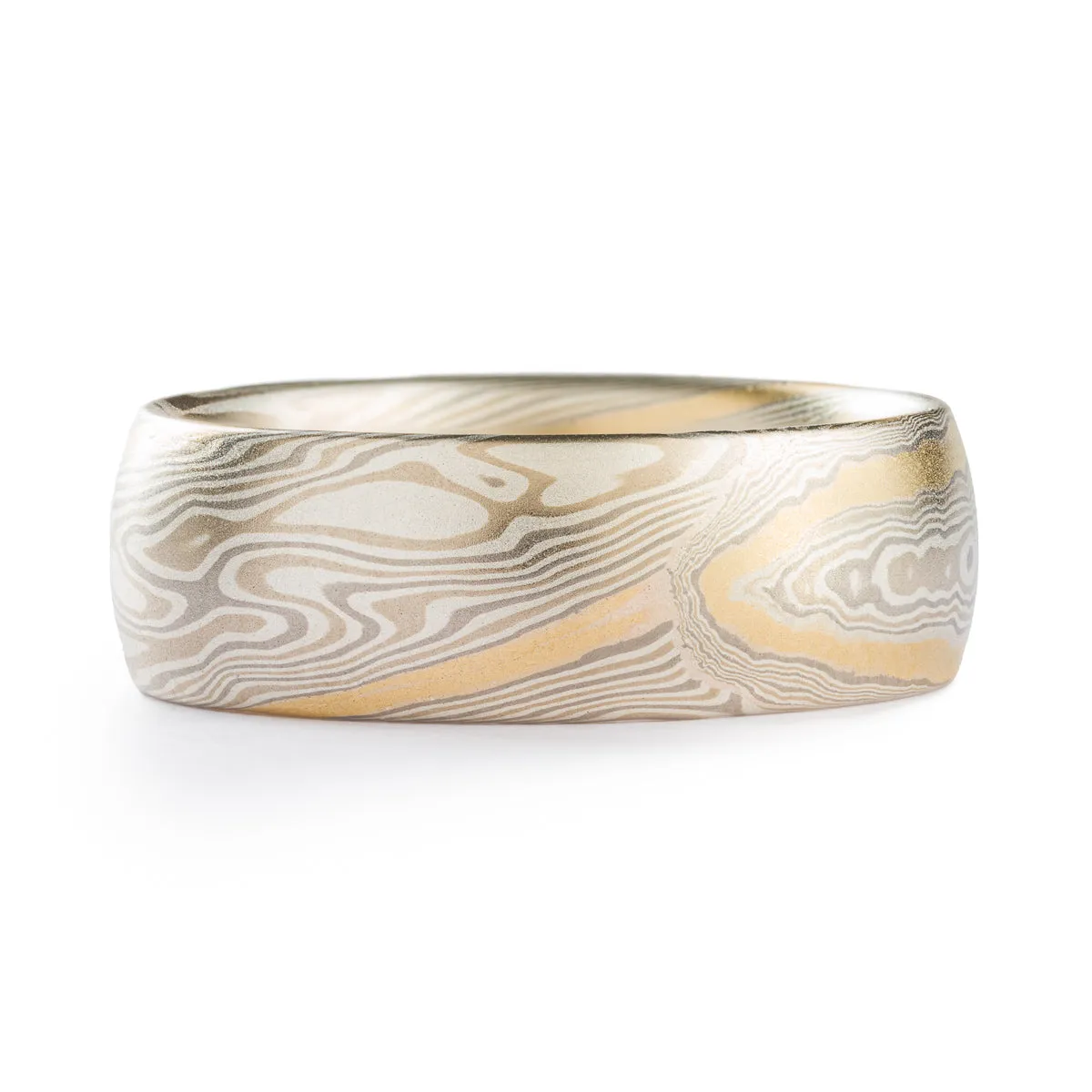 Hand Crafted Mokume Gane Wedding Band or Ring in Twist Pattern and Smoke Palette with Yellow Gold Stratum