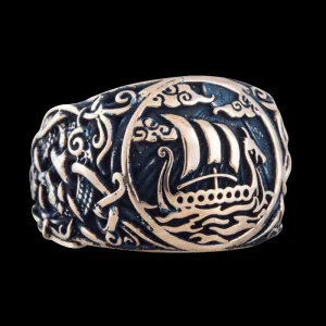 Handcrafted  Drakkar Symbol Mammen Ornament Bronze Ring