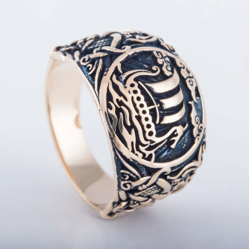Handcrafted  Drakkar Symbol Mammen Ornament Bronze Ring