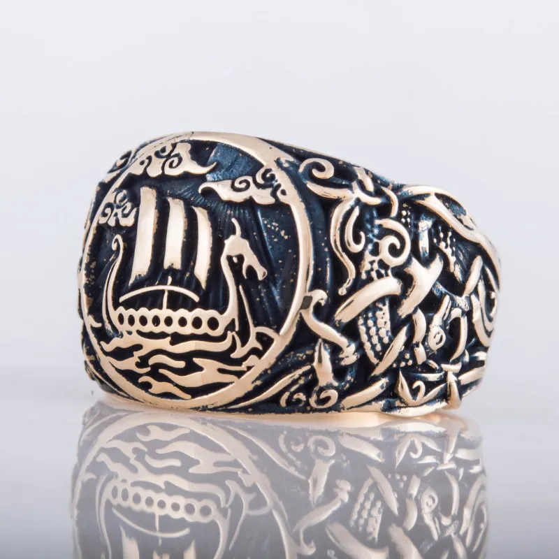 Handcrafted  Drakkar Symbol Mammen Ornament Bronze Ring
