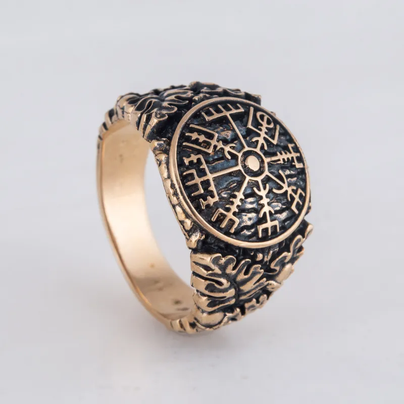 Handcrafted Vegvisir Symbol Oak Leaves and Acorns Bronze Ring