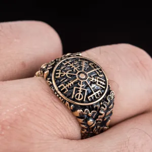 Handcrafted Vegvisir Symbol Oak Leaves and Acorns Bronze Ring