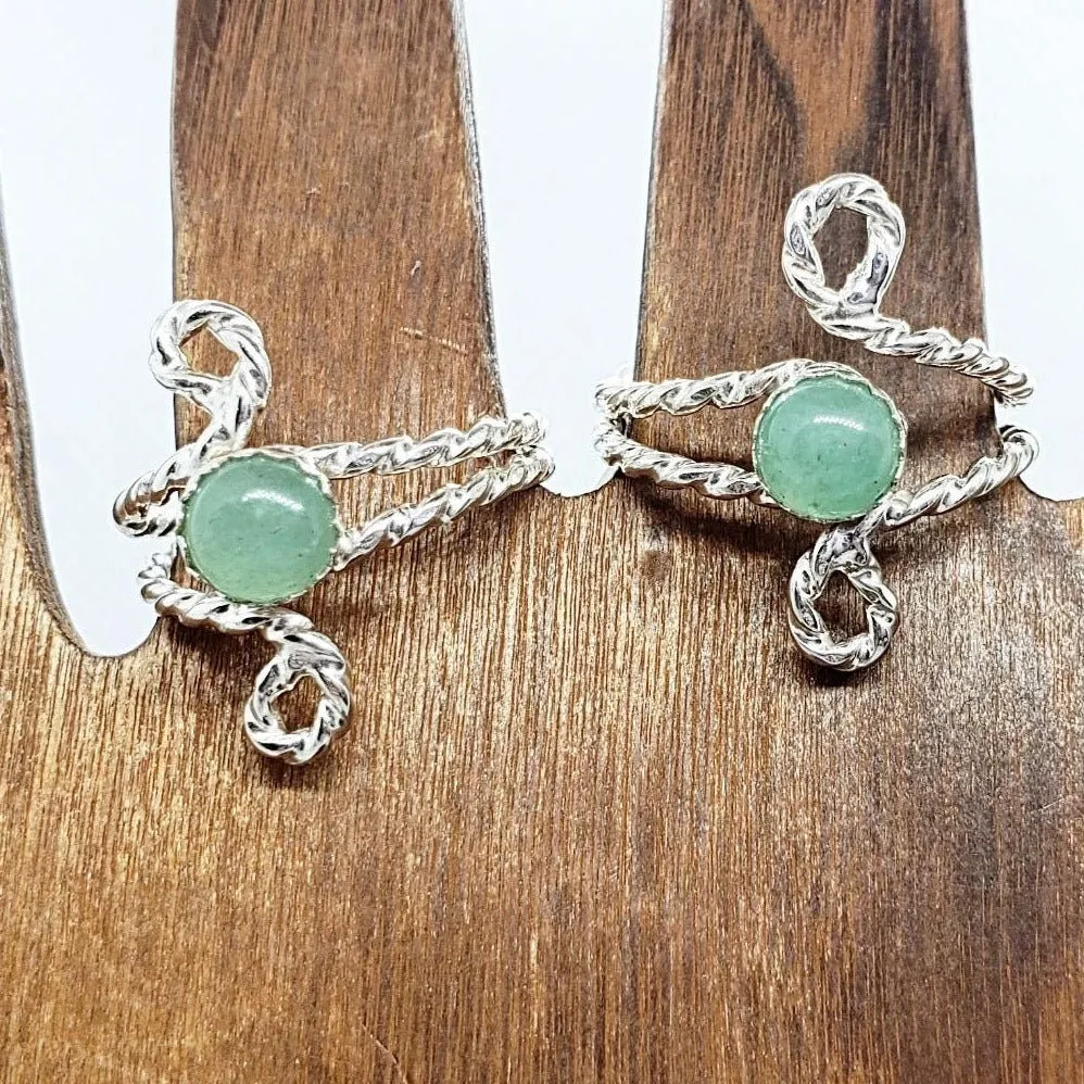 Handmade .925 Sterling Silver Twisted Band Ring with Green Aventurine Cabochon