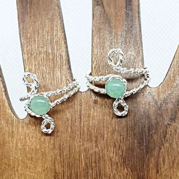 Handmade .925 Sterling Silver Twisted Band Ring with Green Aventurine Cabochon