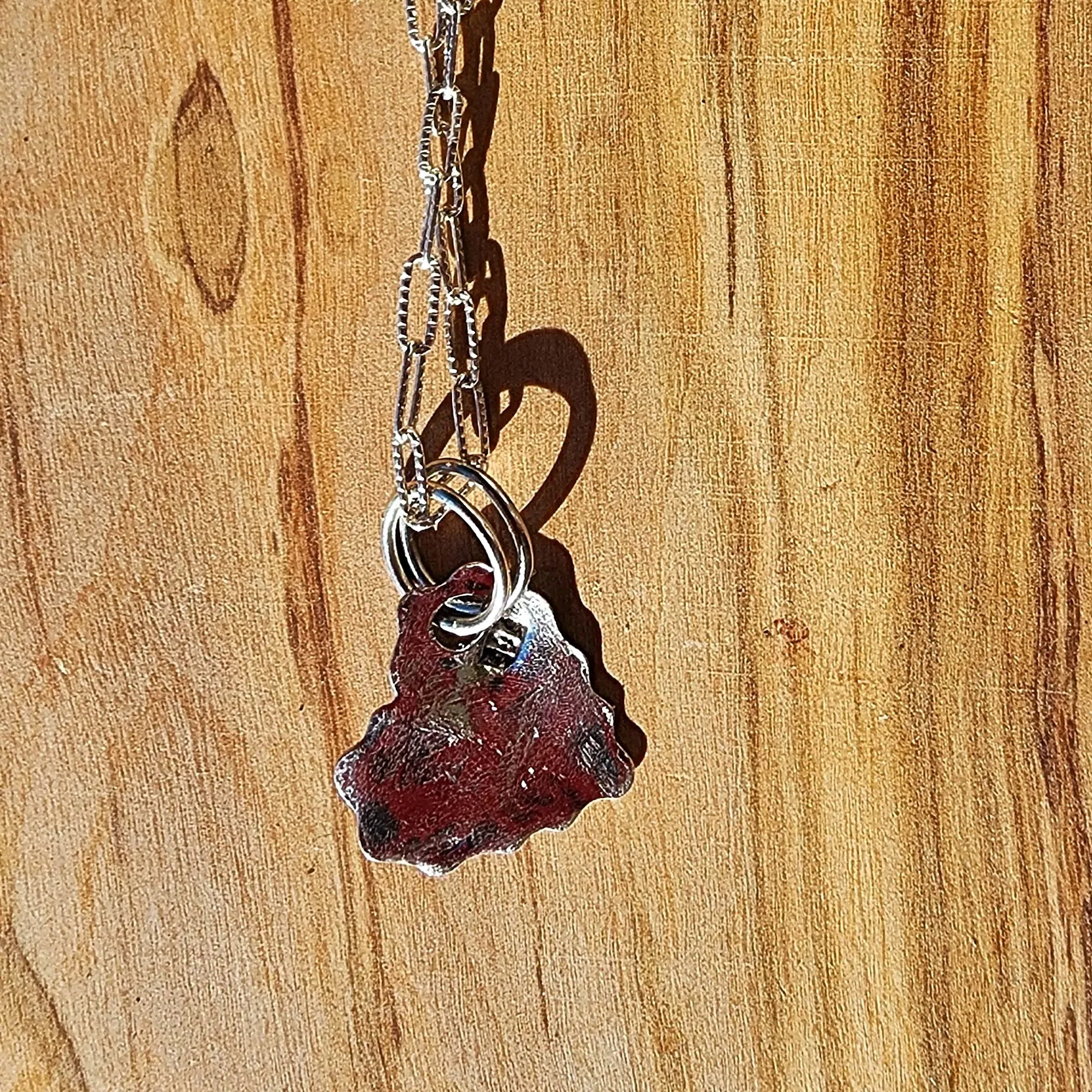 Handmade .999 Pure Silver Textured Heart Pendant Necklace with Green Rhinestone & Heart Clasp