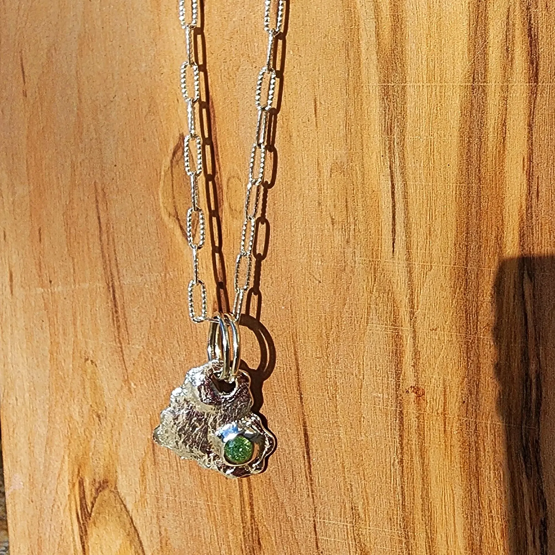Handmade .999 Pure Silver Textured Heart Pendant Necklace with Green Rhinestone & Heart Clasp