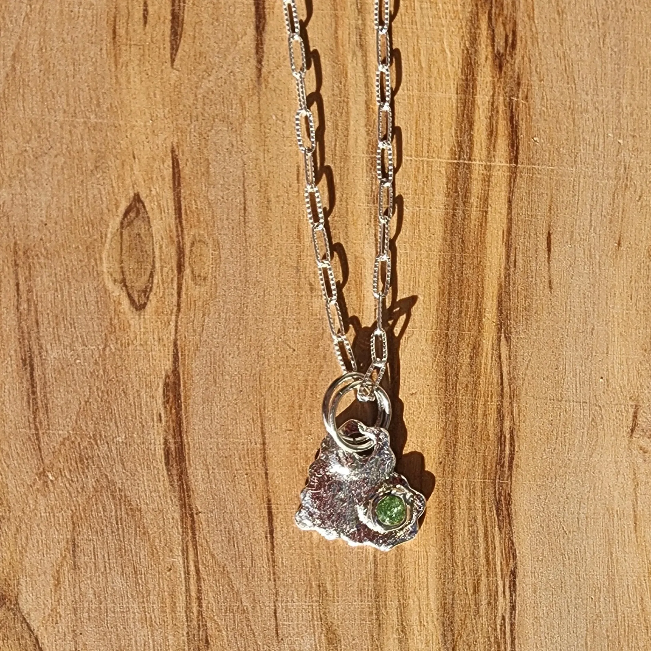 Handmade .999 Pure Silver Textured Heart Pendant Necklace with Green Rhinestone & Heart Clasp