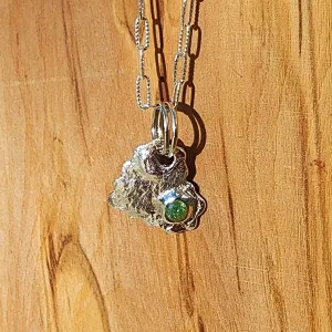 Handmade .999 Pure Silver Textured Heart Pendant Necklace with Green Rhinestone & Heart Clasp