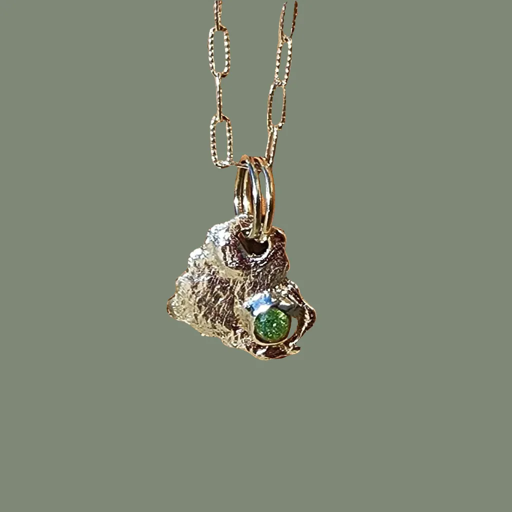 Handmade .999 Pure Silver Textured Heart Pendant Necklace with Green Rhinestone & Heart Clasp