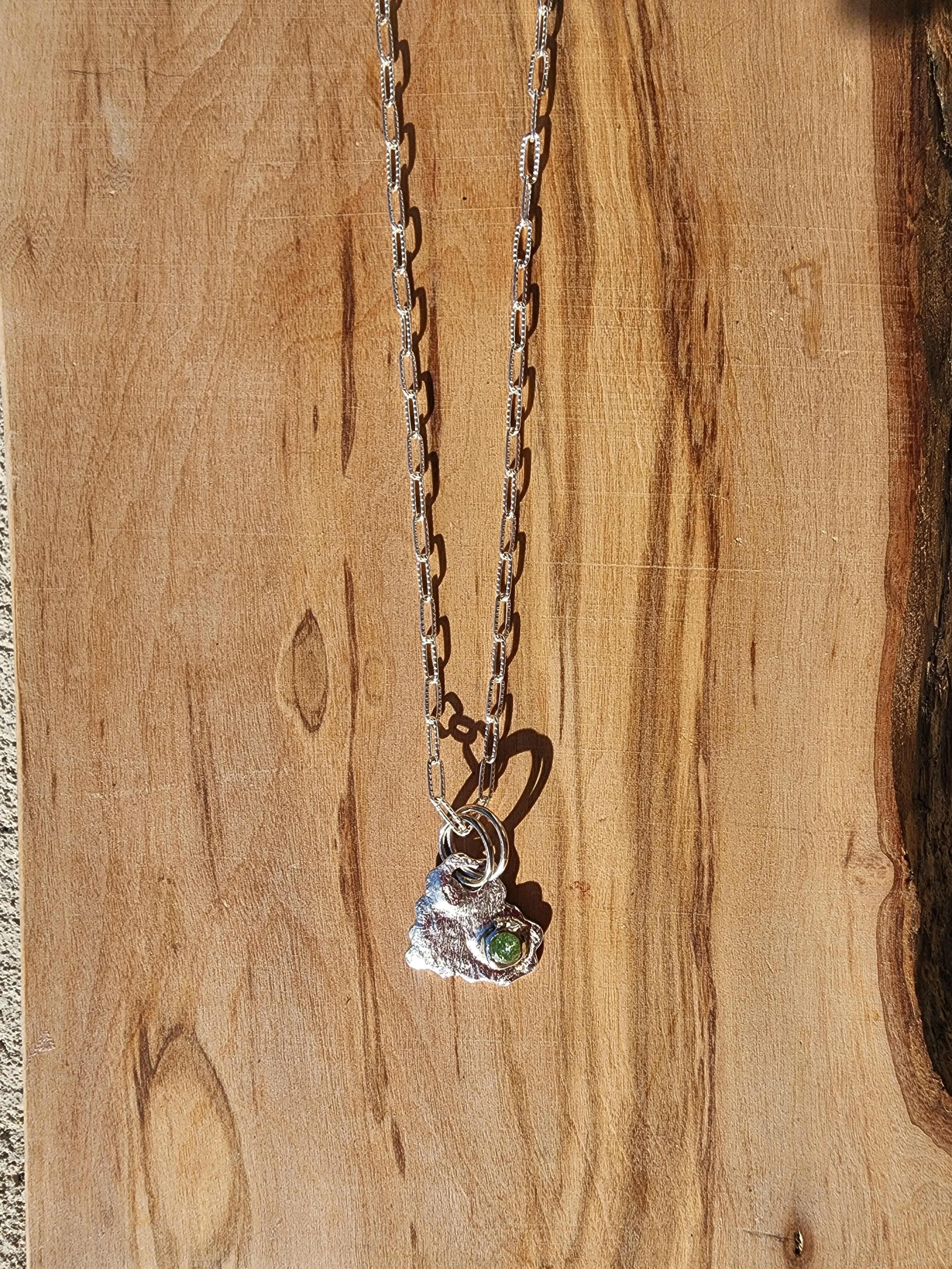 Handmade .999 Pure Silver Textured Heart Pendant Necklace with Green Rhinestone & Heart Clasp