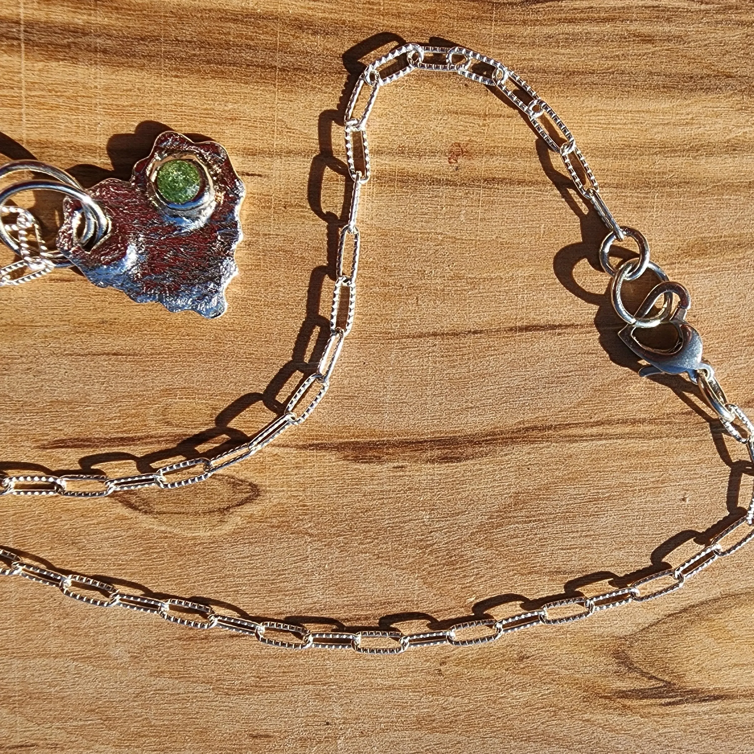 Handmade .999 Pure Silver Textured Heart Pendant Necklace with Green Rhinestone & Heart Clasp