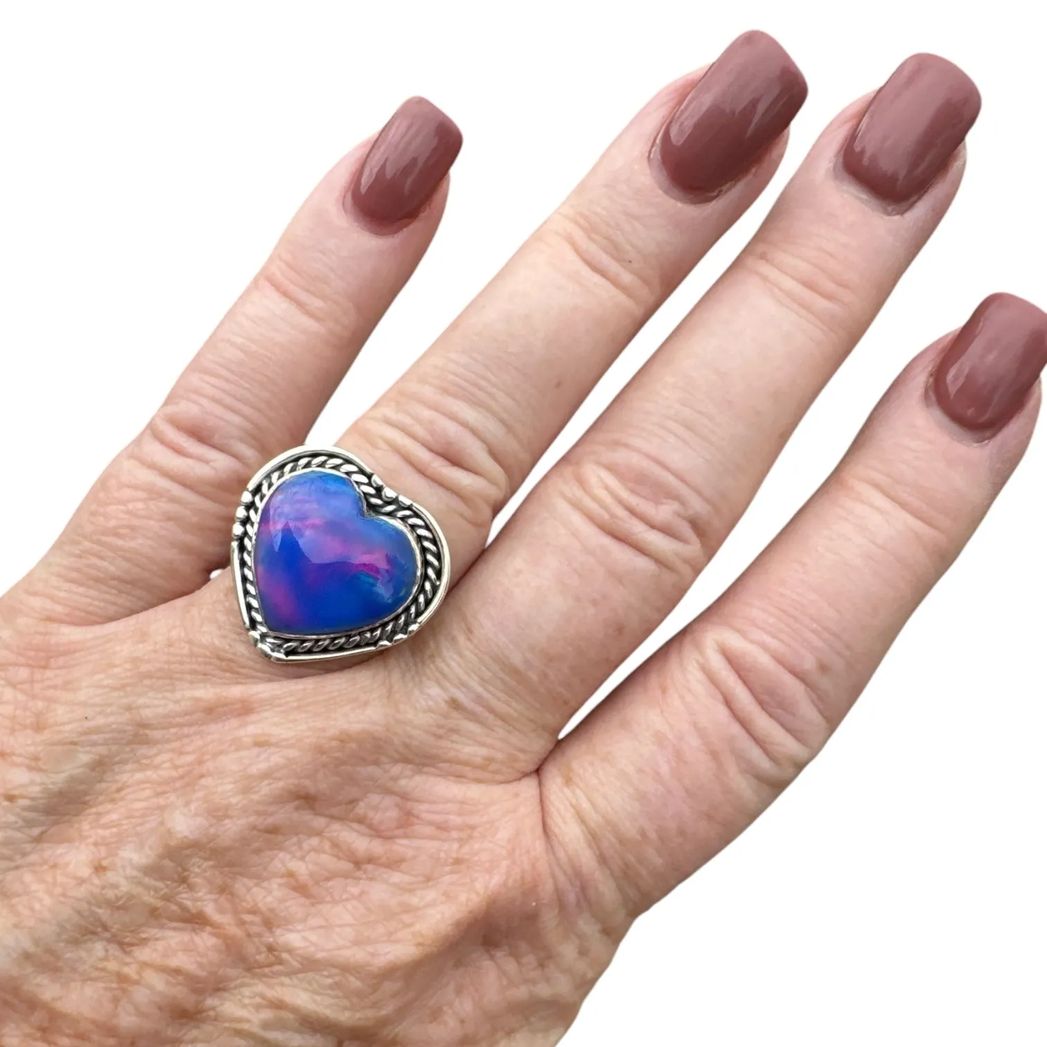 HEART Aurora Opal Solid 925 Sterling Silver Ring 5.5