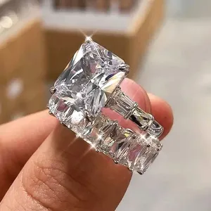 Huitan Luxury Square Cubic Zirconia Set Rings for Women Crystal AAA CZ Promise Rings Wedding Engagement Party Fashion Jewelry