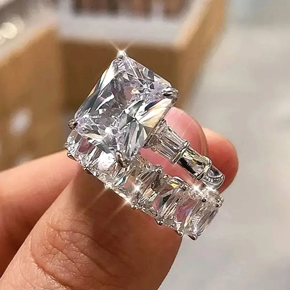 Huitan Luxury Square Cubic Zirconia Set Rings for Women Crystal AAA CZ Promise Rings Wedding Engagement Party Fashion Jewelry