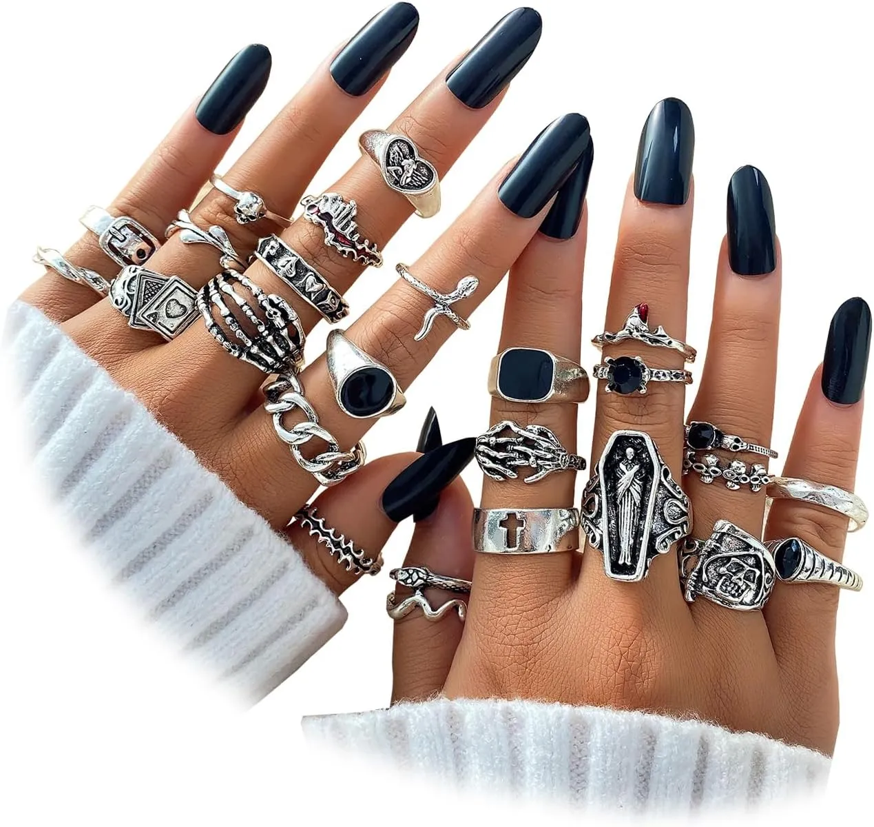 IFKM 15-63 PCS Vintage Silver Knuckle Rings Set for Women Teen Girl, Stackable Joint Finger Statement Rings Bohemian Retro Hollow Carved Midi Rings, Boho Y2k Snake Butterfly Heart Chunky Stacking Rings Pack