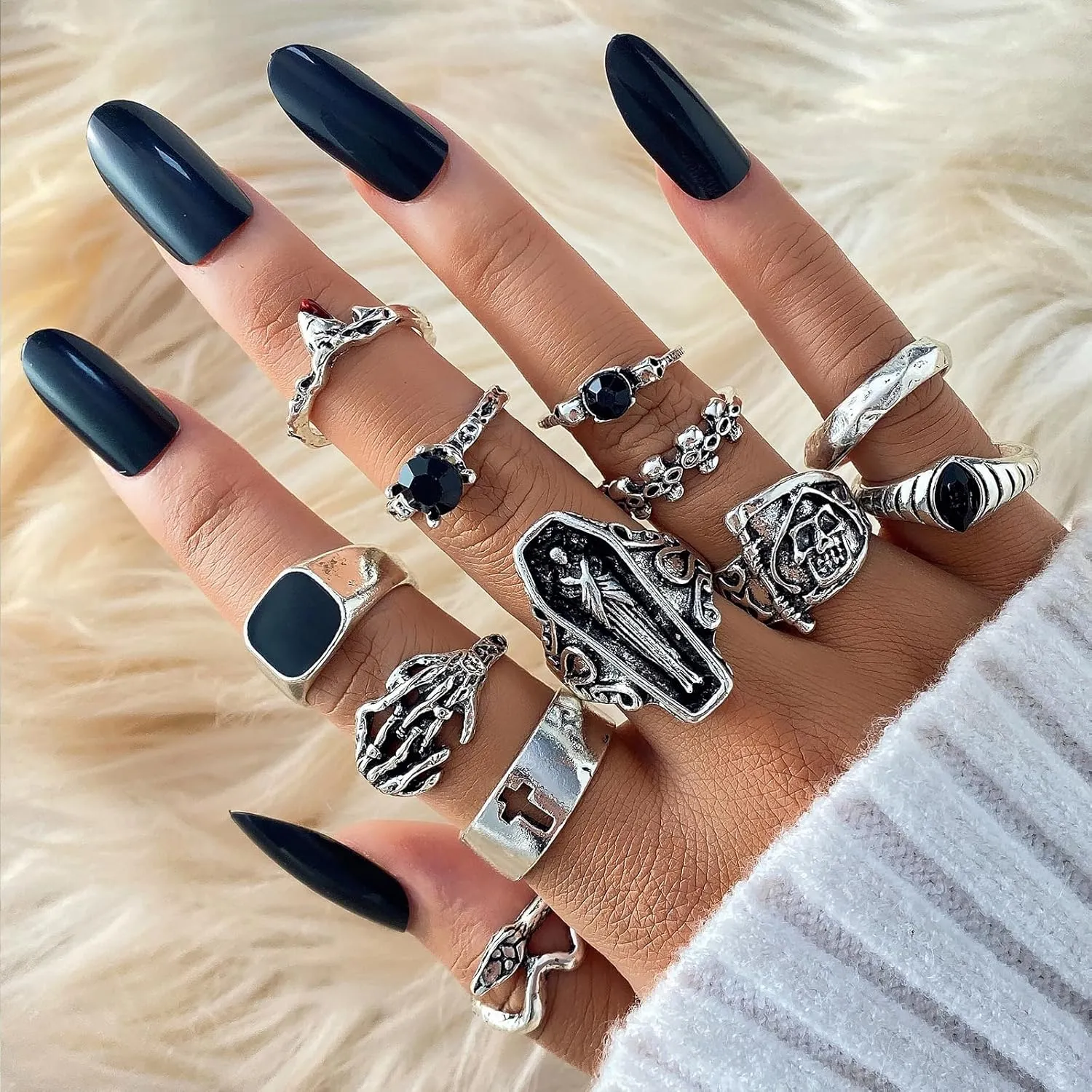 IFKM 15-63 PCS Vintage Silver Knuckle Rings Set for Women Teen Girl, Stackable Joint Finger Statement Rings Bohemian Retro Hollow Carved Midi Rings, Boho Y2k Snake Butterfly Heart Chunky Stacking Rings Pack