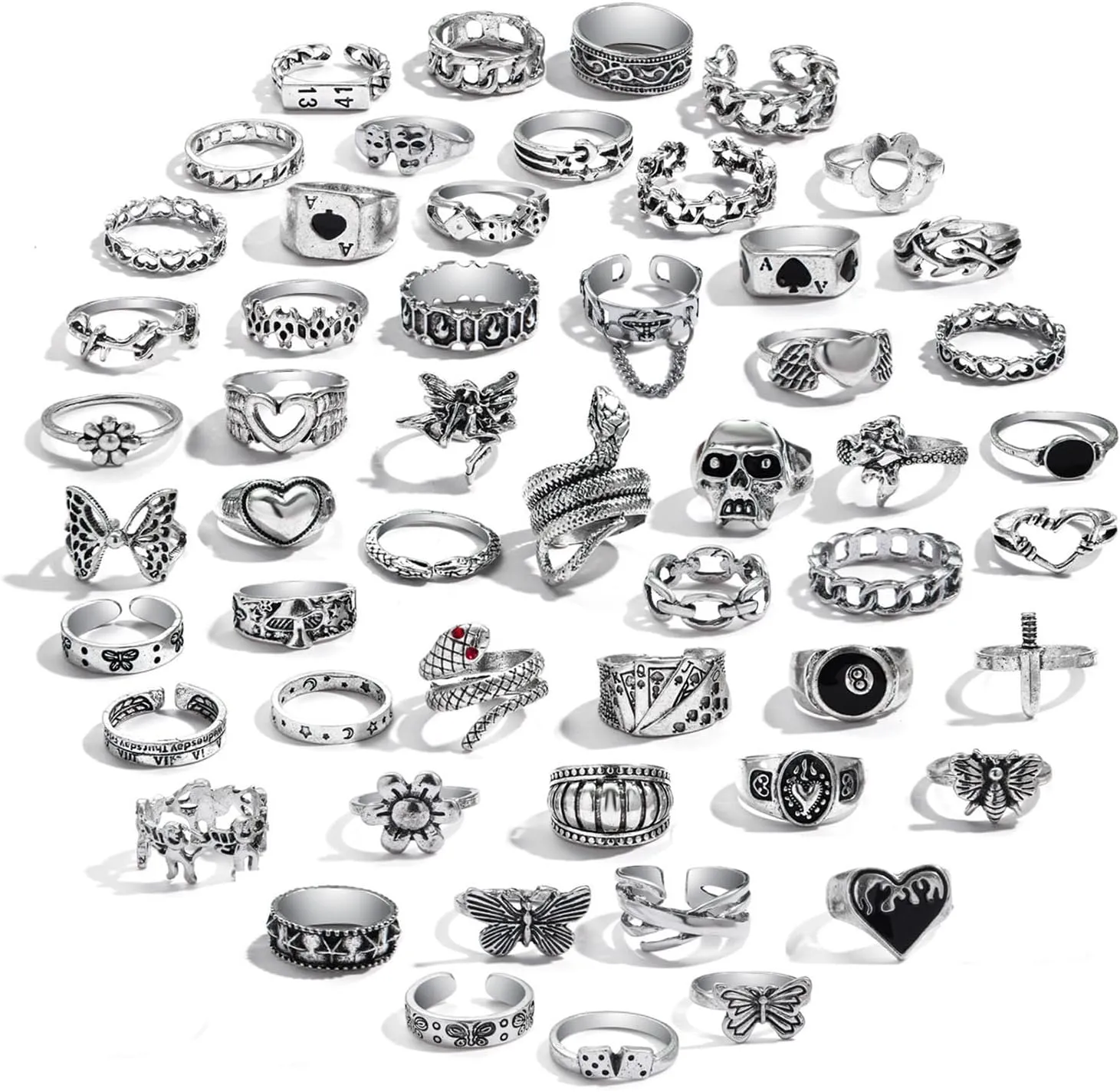 IFKM 15-63 PCS Vintage Silver Knuckle Rings Set for Women Teen Girl, Stackable Joint Finger Statement Rings Bohemian Retro Hollow Carved Midi Rings, Boho Y2k Snake Butterfly Heart Chunky Stacking Rings Pack