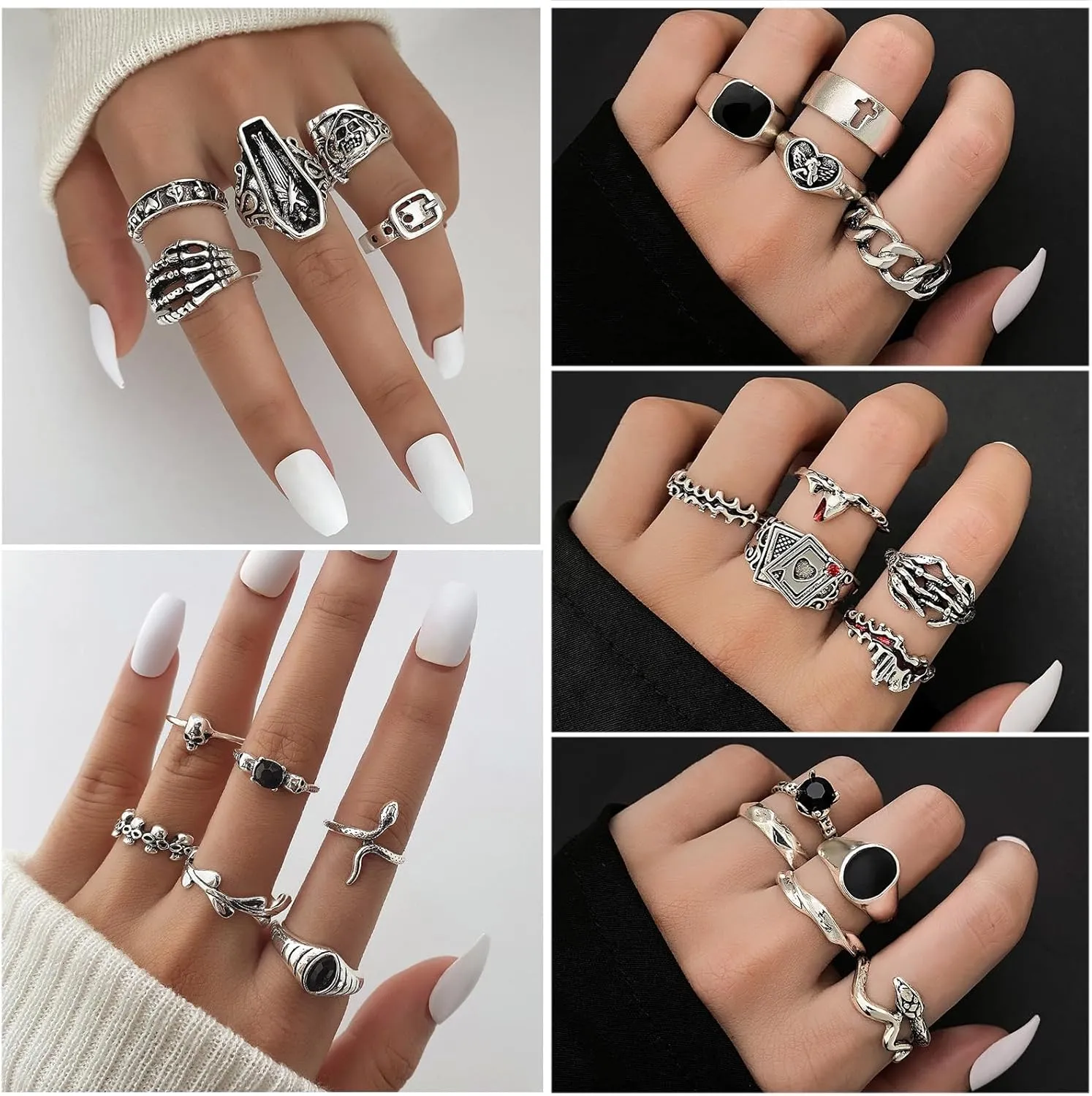 IFKM 15-63 PCS Vintage Silver Knuckle Rings Set for Women Teen Girl, Stackable Joint Finger Statement Rings Bohemian Retro Hollow Carved Midi Rings, Boho Y2k Snake Butterfly Heart Chunky Stacking Rings Pack