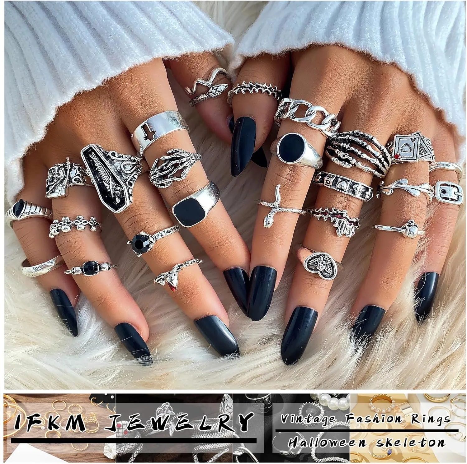 IFKM 15-63 PCS Vintage Silver Knuckle Rings Set for Women Teen Girl, Stackable Joint Finger Statement Rings Bohemian Retro Hollow Carved Midi Rings, Boho Y2k Snake Butterfly Heart Chunky Stacking Rings Pack