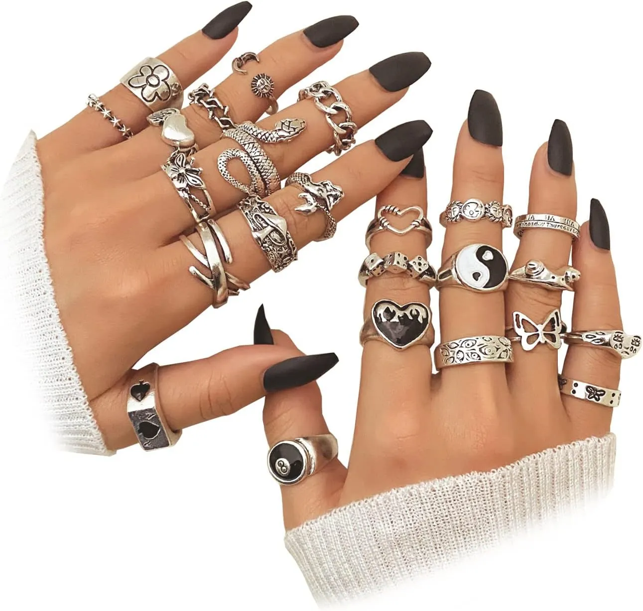 IFKM 15-63 PCS Vintage Silver Knuckle Rings Set for Women Teen Girl, Stackable Joint Finger Statement Rings Bohemian Retro Hollow Carved Midi Rings, Boho Y2k Snake Butterfly Heart Chunky Stacking Rings Pack