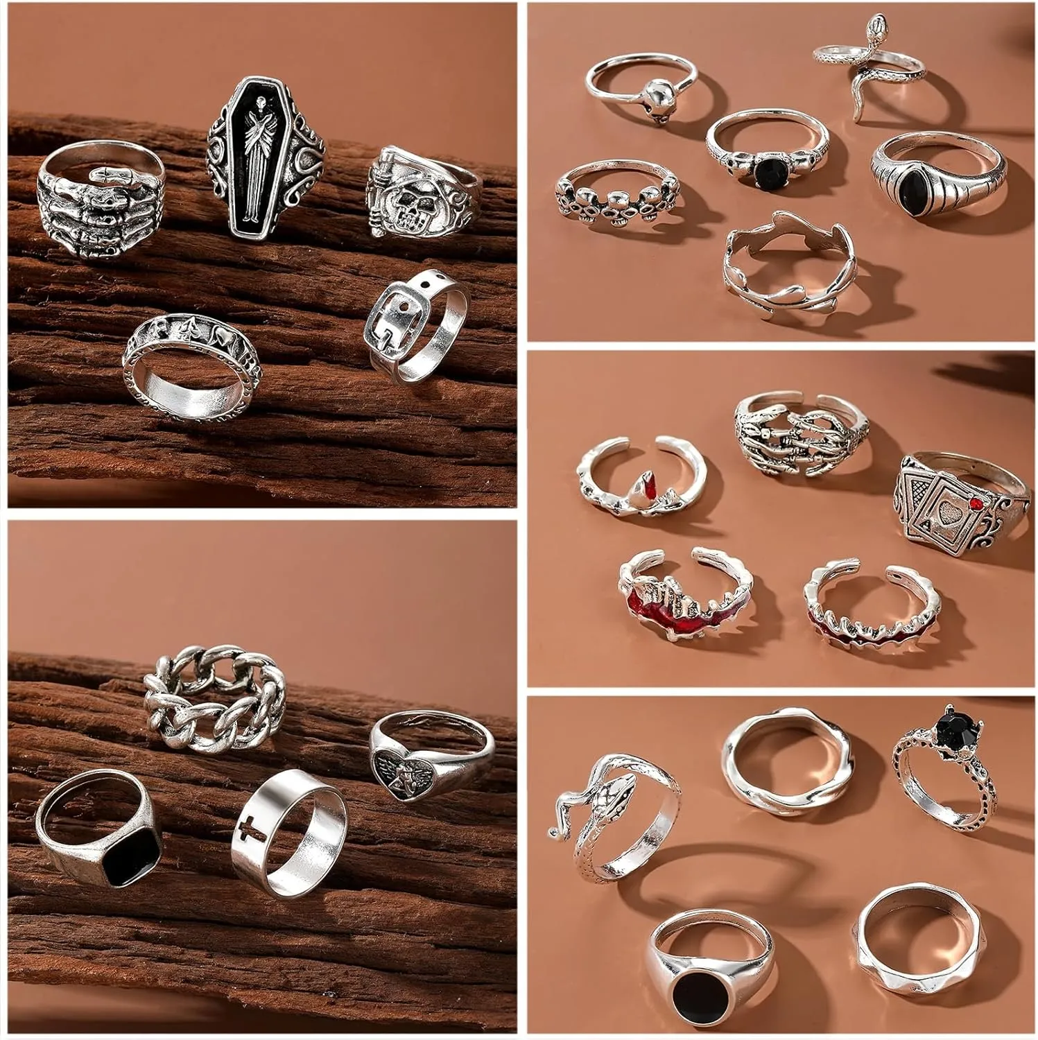 IFKM 15-63 PCS Vintage Silver Knuckle Rings Set for Women Teen Girl, Stackable Joint Finger Statement Rings Bohemian Retro Hollow Carved Midi Rings, Boho Y2k Snake Butterfly Heart Chunky Stacking Rings Pack