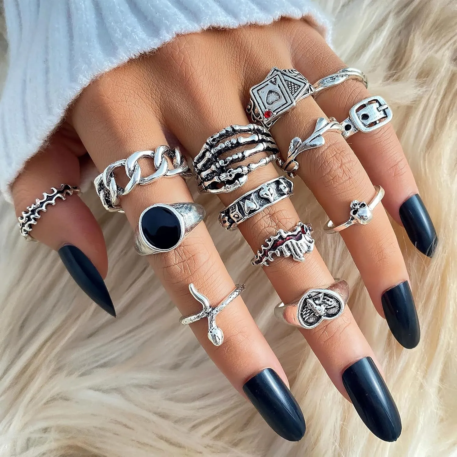 IFKM 15-63 PCS Vintage Silver Knuckle Rings Set for Women Teen Girl, Stackable Joint Finger Statement Rings Bohemian Retro Hollow Carved Midi Rings, Boho Y2k Snake Butterfly Heart Chunky Stacking Rings Pack