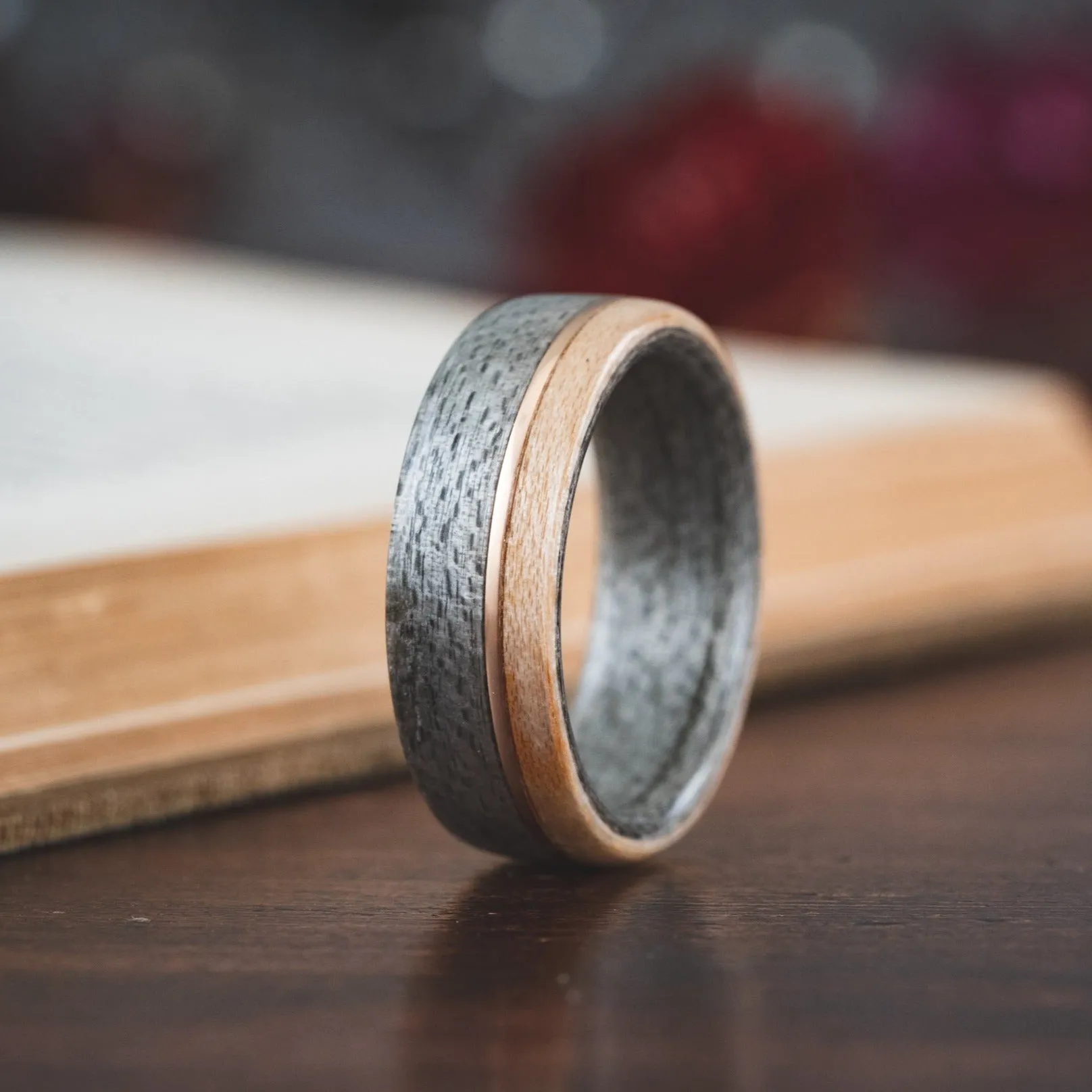 (In-Stock) Weathered Maple Ring - Offset Bronze Inlay & Natural Whiskey Barrel Edge - Size 10 | 8mm Wide