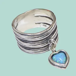 Israel Sterling Silver 925 Ring Dangle Blue Opal Heart Love Jewelry
