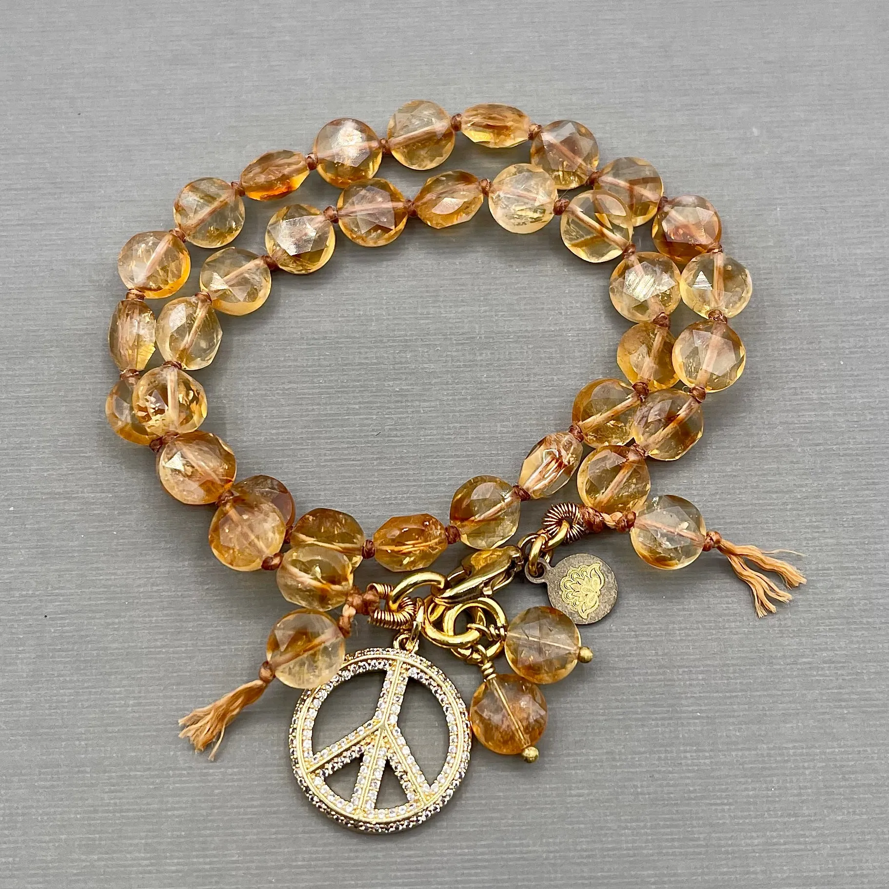 Knotted Citrine Peace Charm Wrap Bracelet