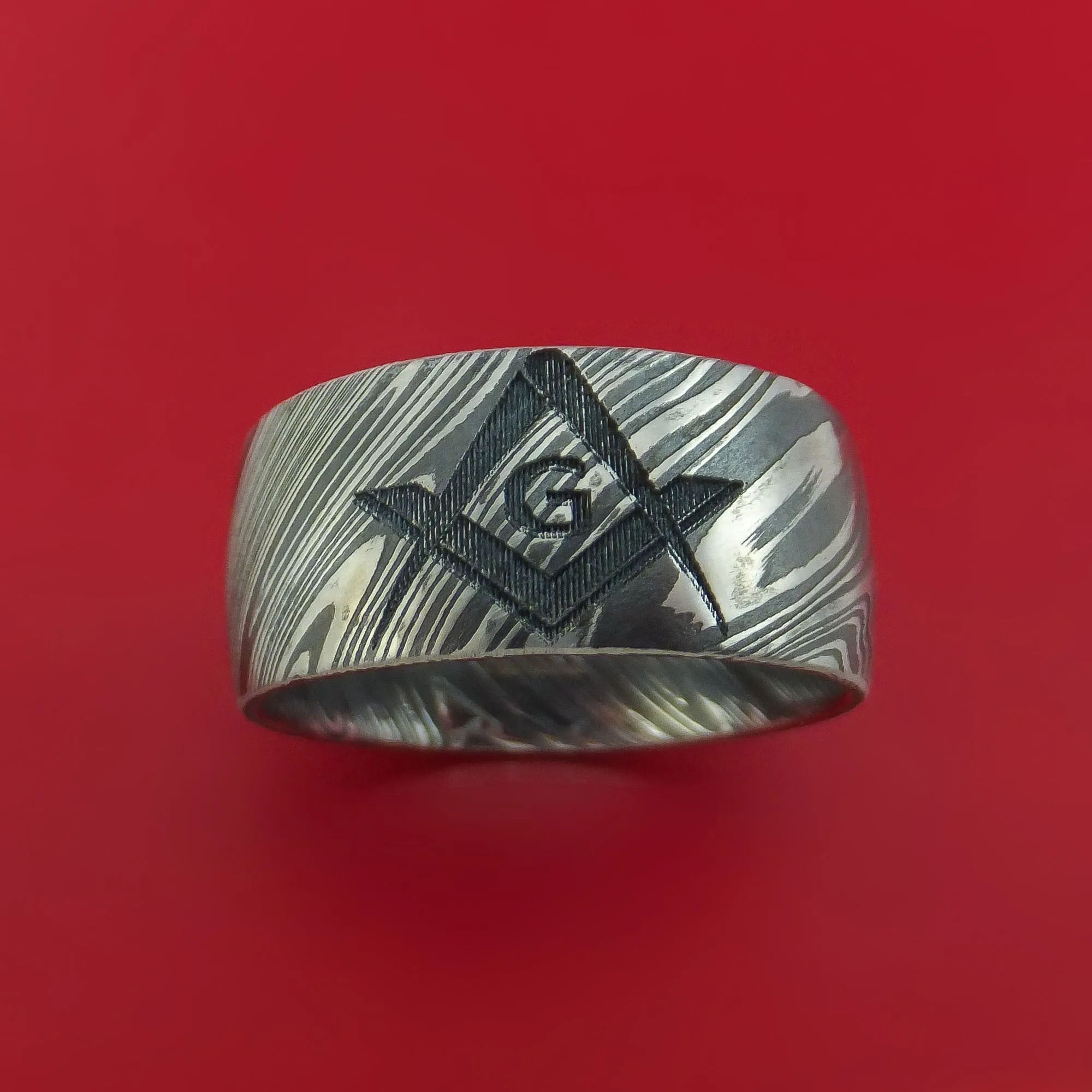 Kuro Damascus Steel Masonic Emblem Ring Custom Made Band