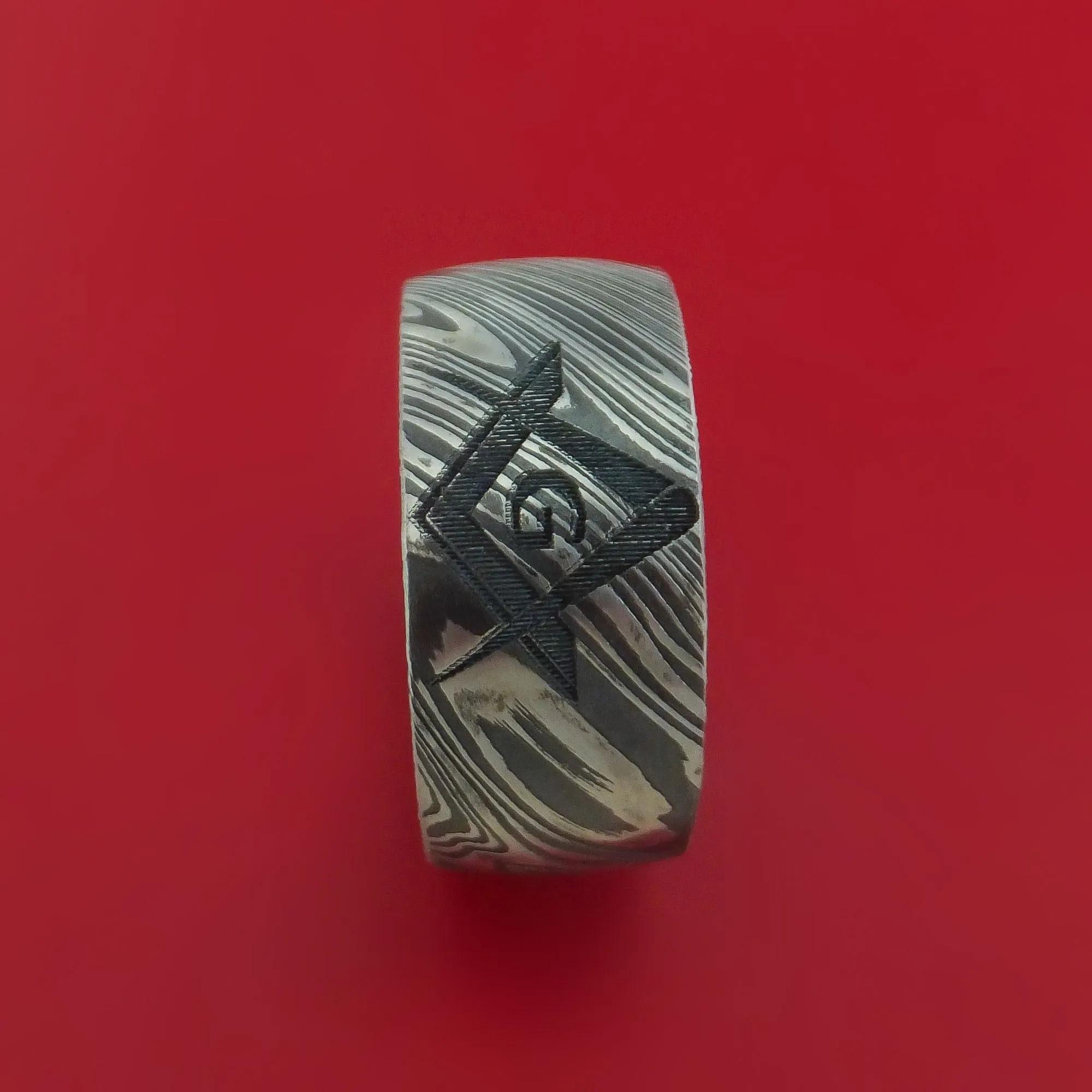Kuro Damascus Steel Masonic Emblem Ring Custom Made Band