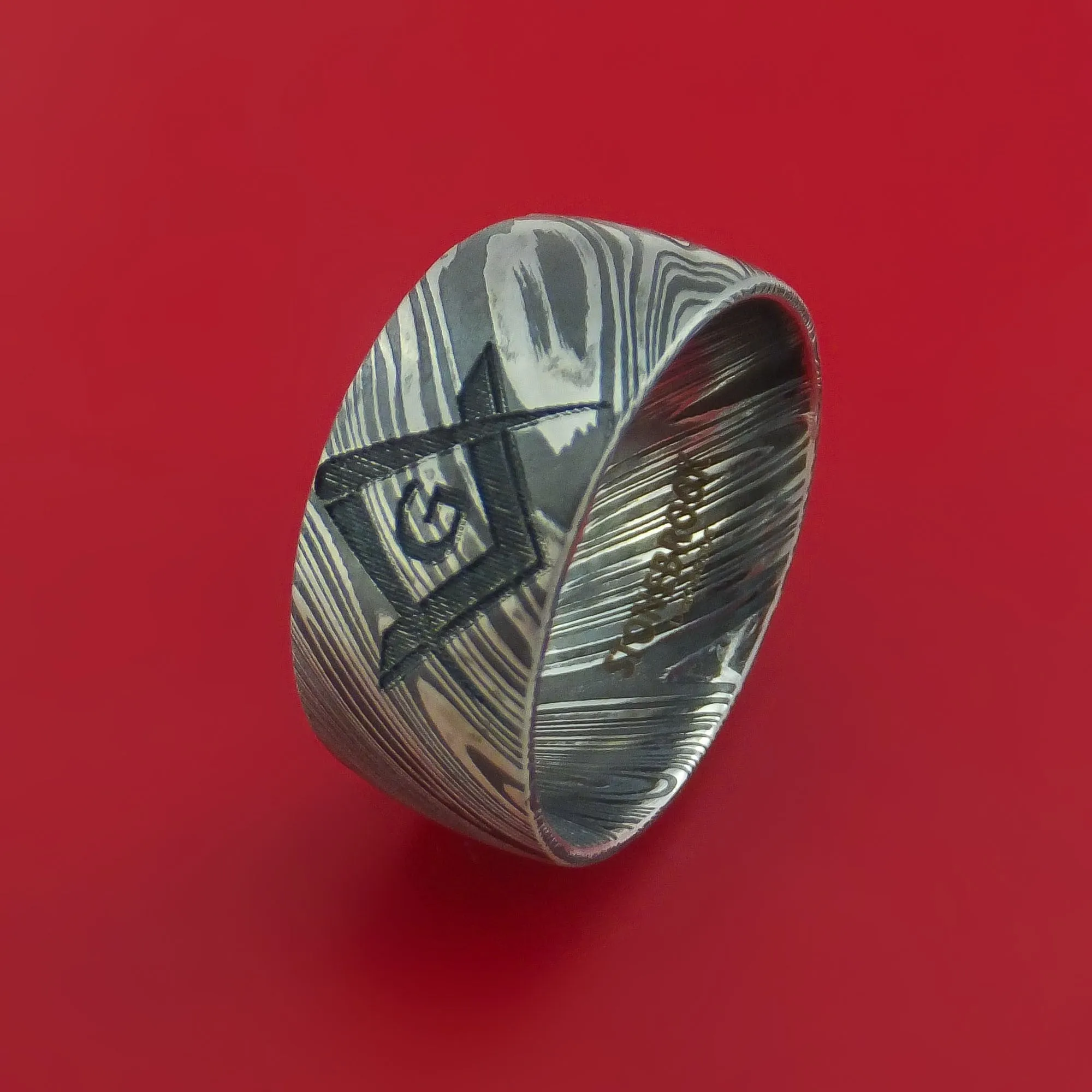 Kuro Damascus Steel Masonic Emblem Ring Custom Made Band