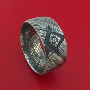 Kuro Damascus Steel Masonic Emblem Ring Custom Made Band