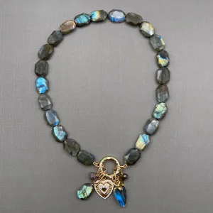 Labradorite Hand Knotted Heart Charm Necklace