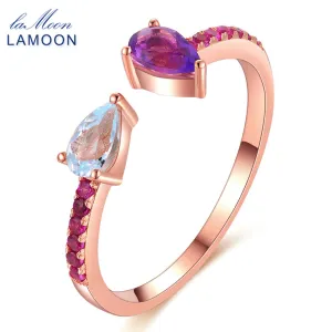 Lamoon Adjustable TearDrop Natural Topaz Amethyst 925 Sterling Silver Ring Women Jewelry  LMRI043