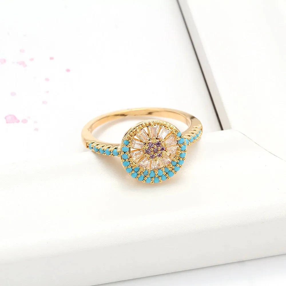 Lucky Eye Gemstone Ring Blue 14K yellow Gold Wedding Band Women Jewelry