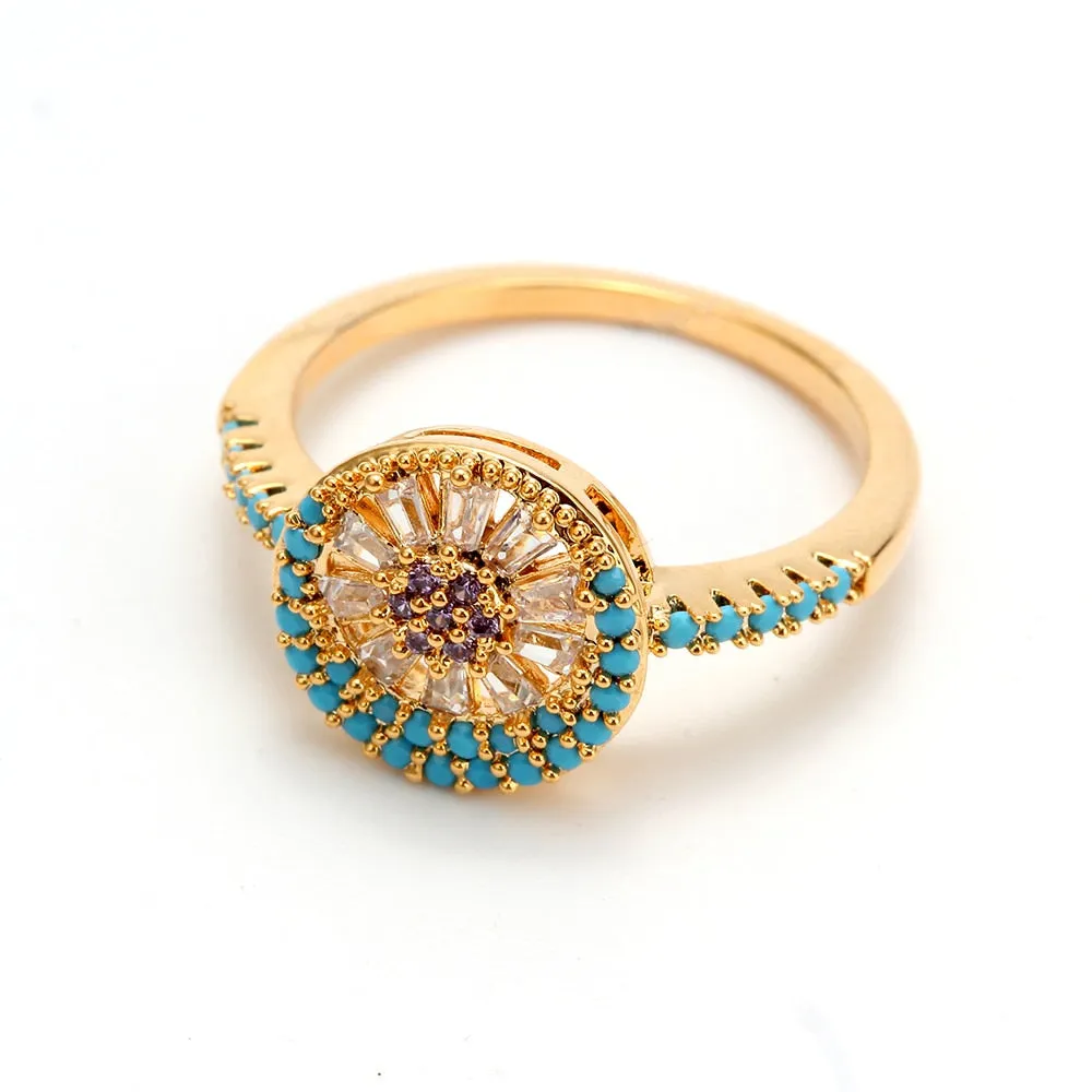 Lucky Eye Gemstone Ring Blue 14K yellow Gold Wedding Band Women Jewelry