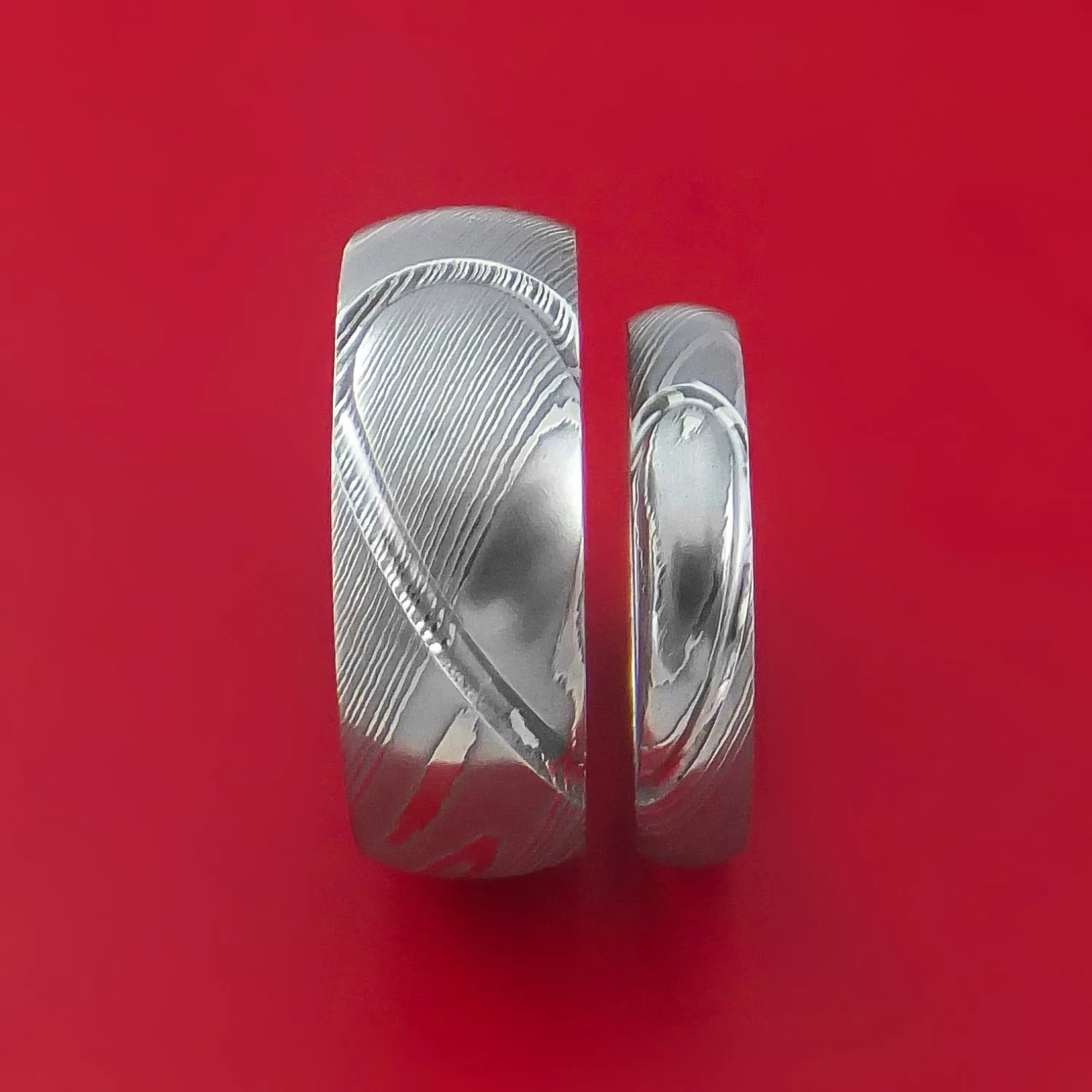 Matching Damascus Steel Heart Carved Ring Set Wedding Bands Genuine Craftsmanship