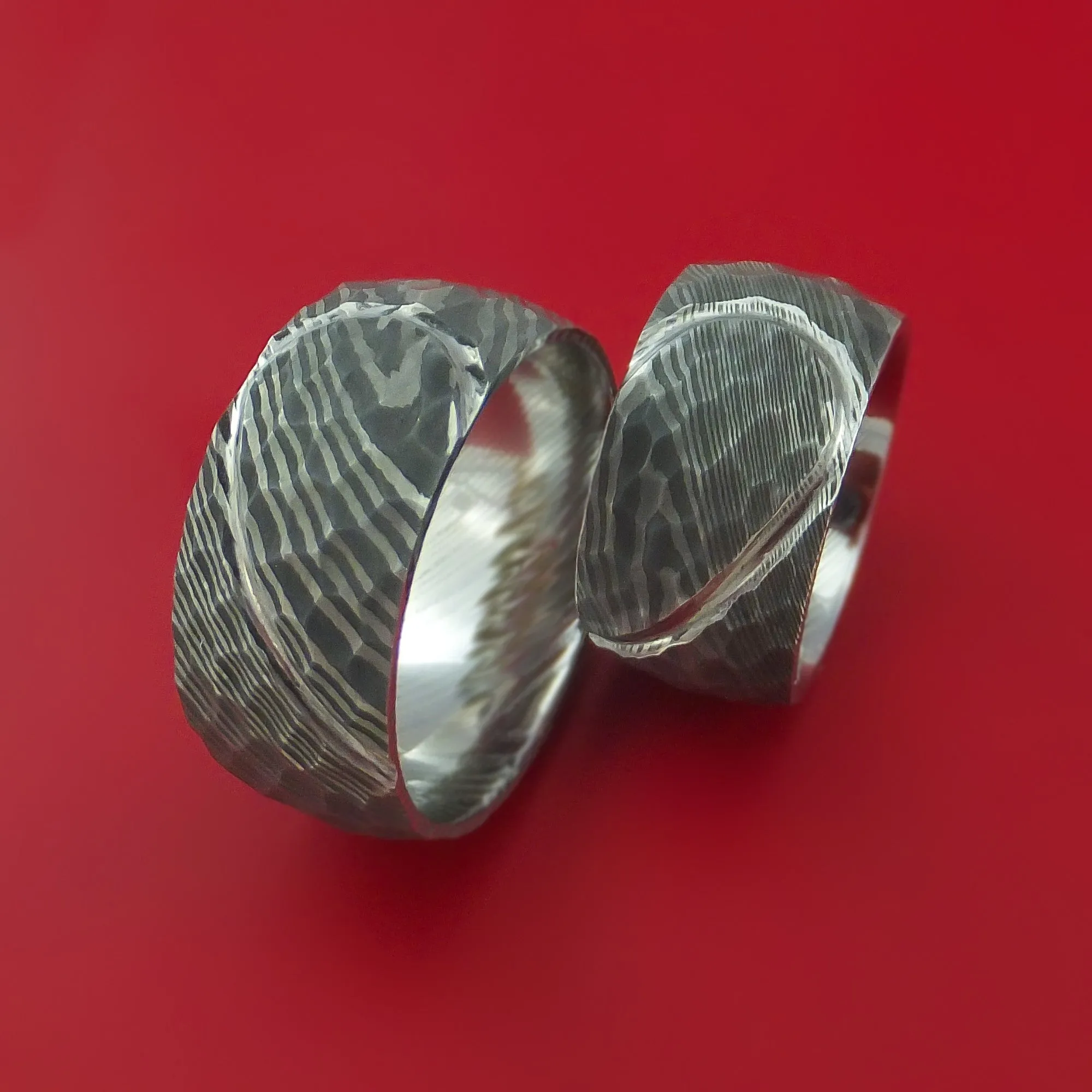 Matching Hammered Damascus Steel Heart Carved Ring Set Wedding Bands Genuine Craftsmanship