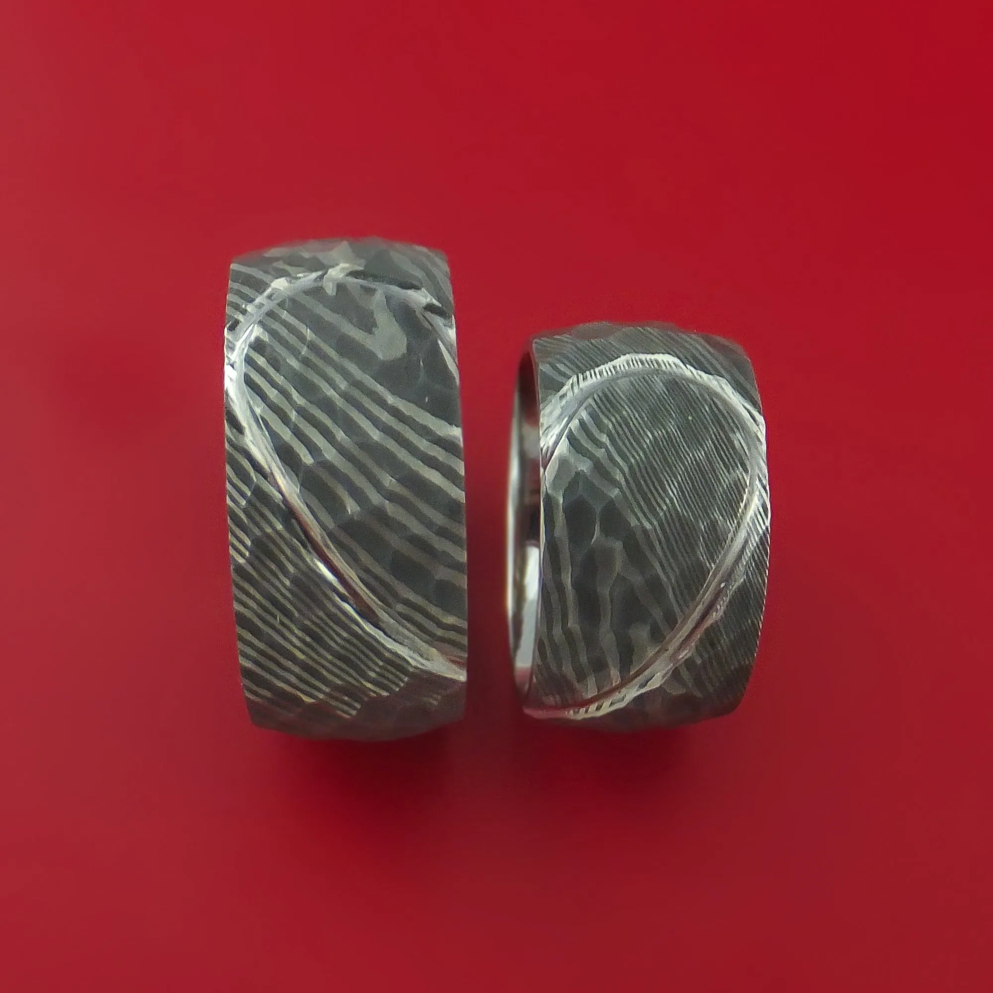 Matching Hammered Damascus Steel Heart Carved Ring Set Wedding Bands Genuine Craftsmanship