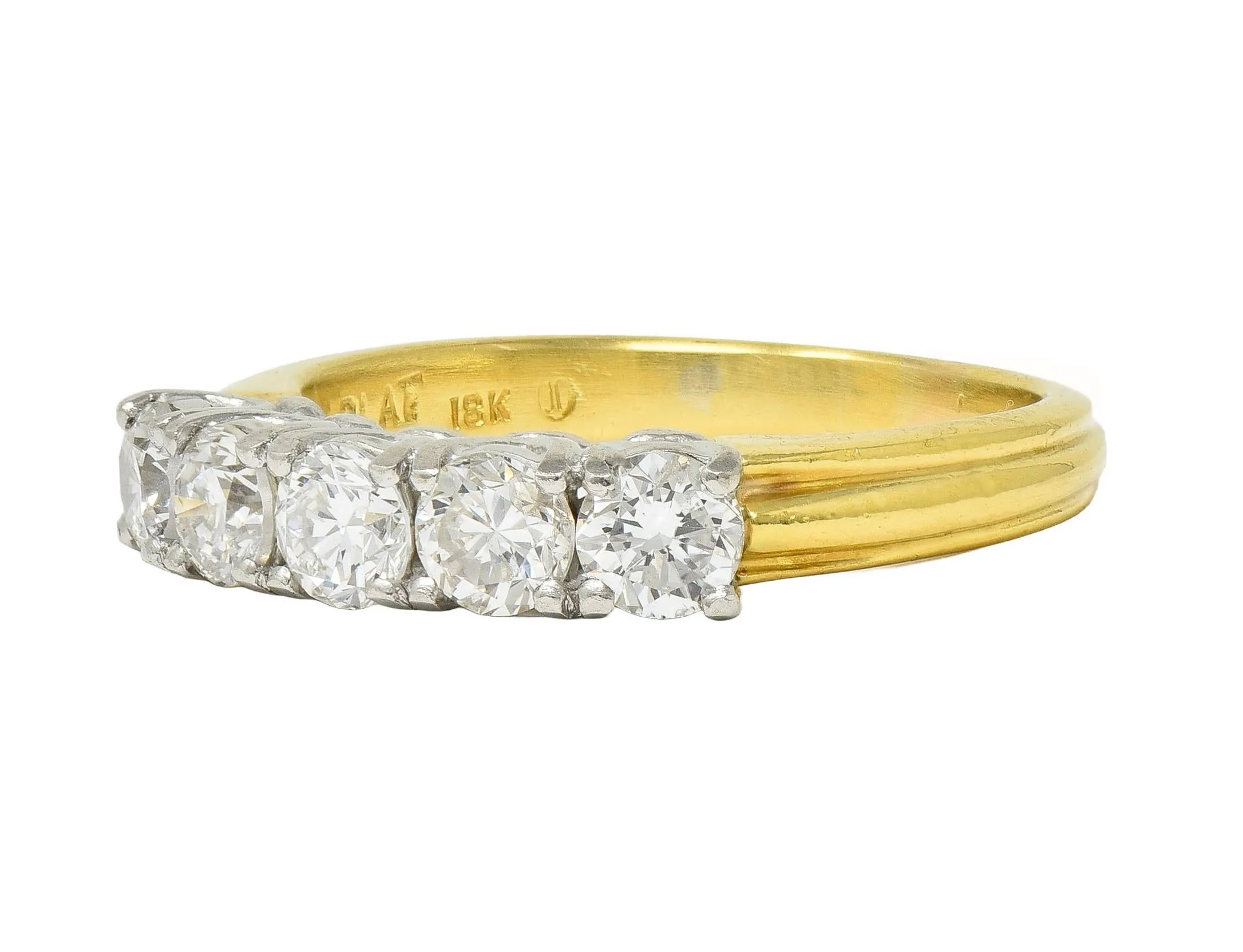 Mid-Century 1.00 CTW Diamond Platinum 18 Karat Yellow Gold Vintage Five Stone Band Ring