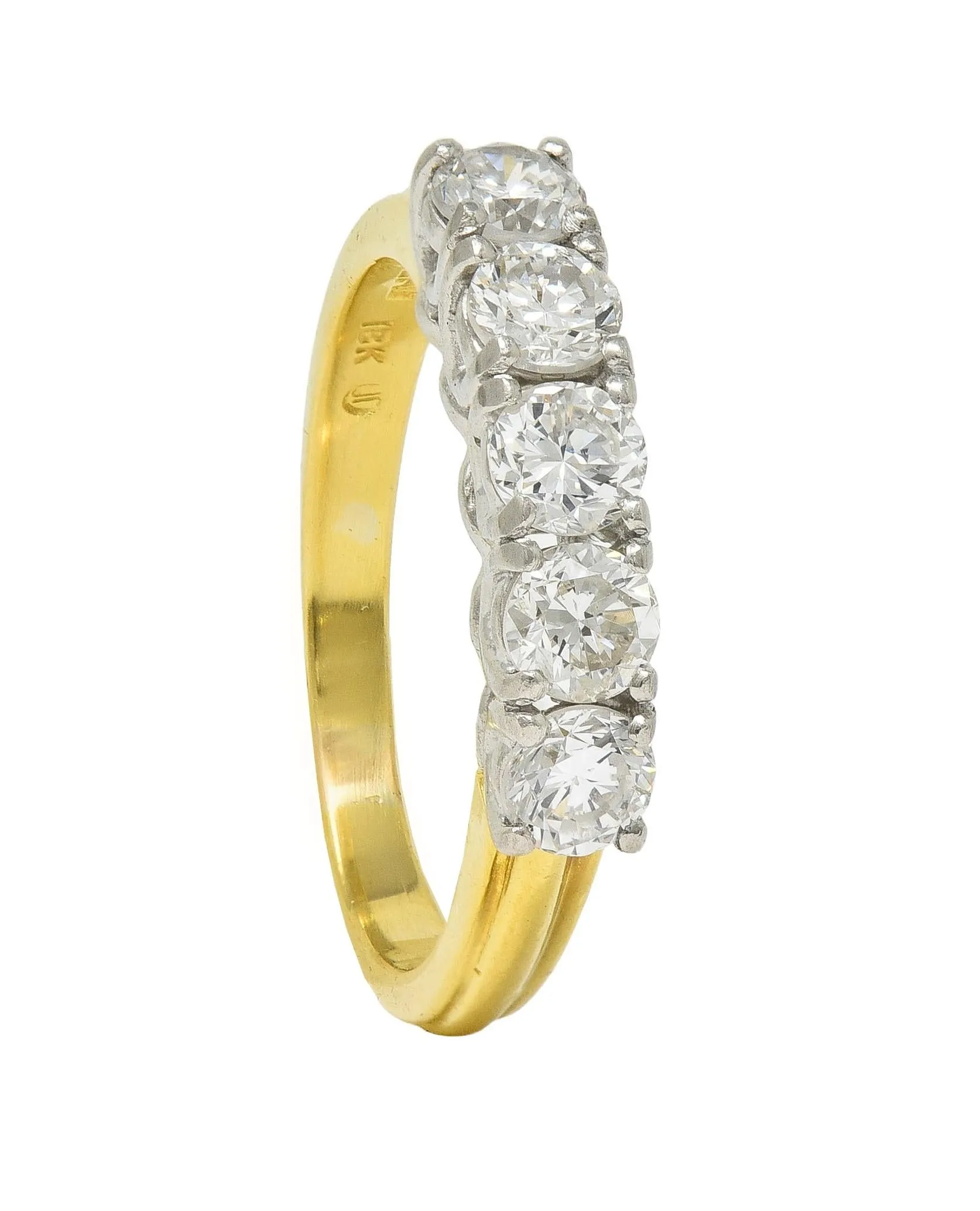 Mid-Century 1.00 CTW Diamond Platinum 18 Karat Yellow Gold Vintage Five Stone Band Ring