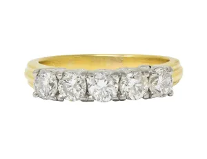 Mid-Century 1.00 CTW Diamond Platinum 18 Karat Yellow Gold Vintage Five Stone Band Ring