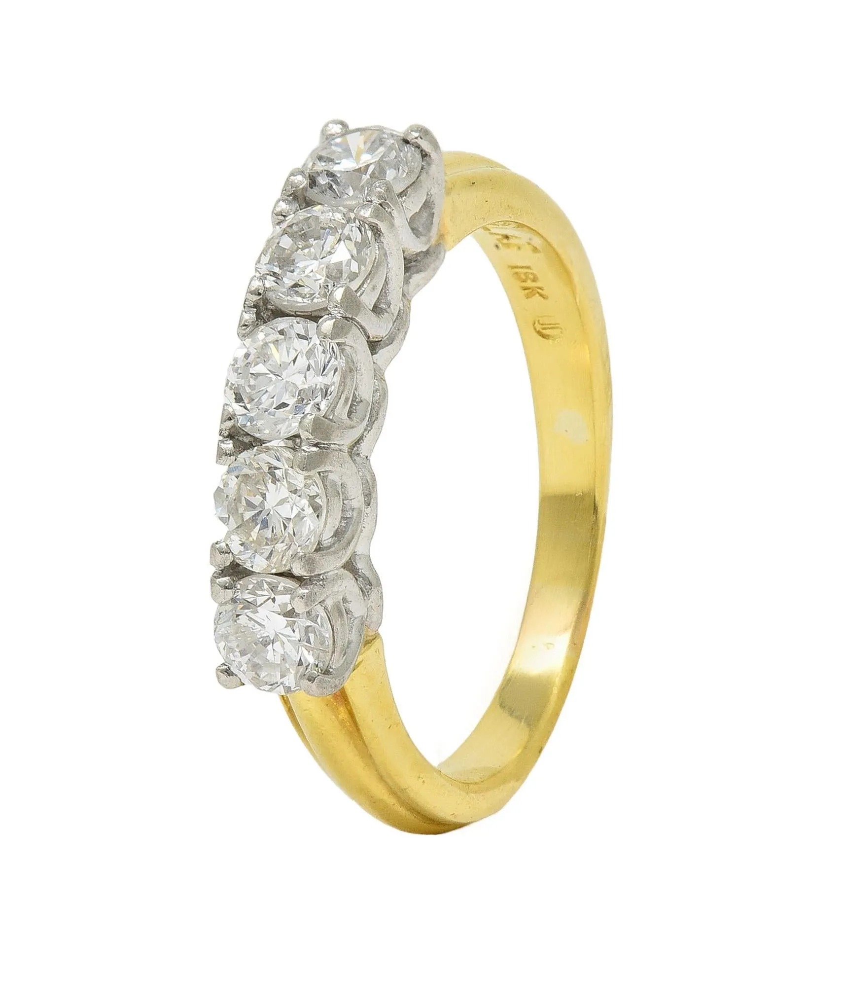 Mid-Century 1.00 CTW Diamond Platinum 18 Karat Yellow Gold Vintage Five Stone Band Ring